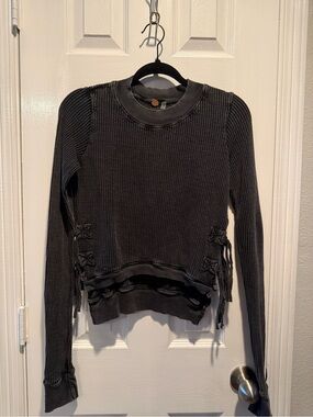 FP One Free People Waffle Knit Lace-Up Side Thermal Top XS Charcoal